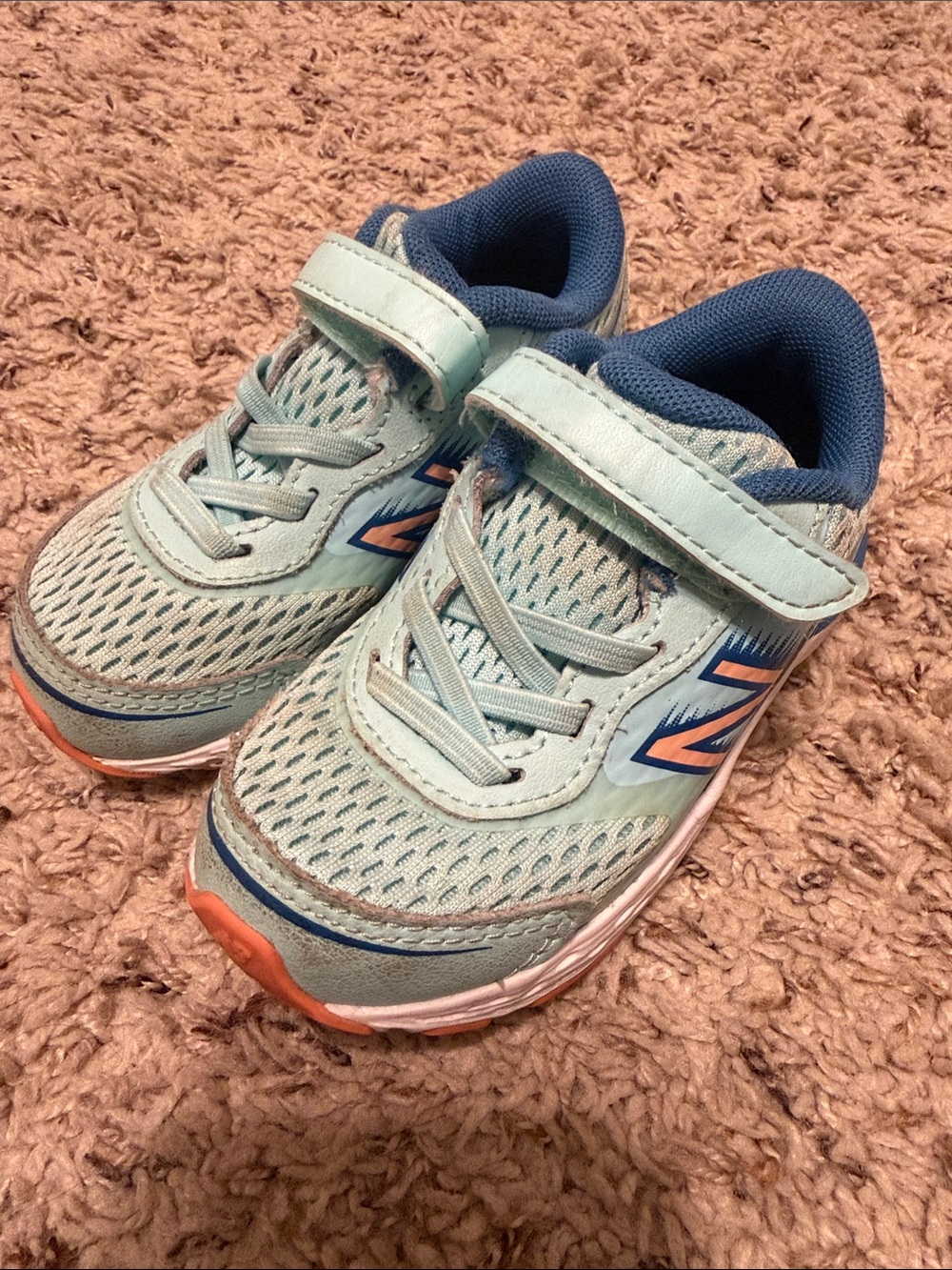 New Balance Kids Light Aqua and Navy Velcro Sneakers with Coral Accents